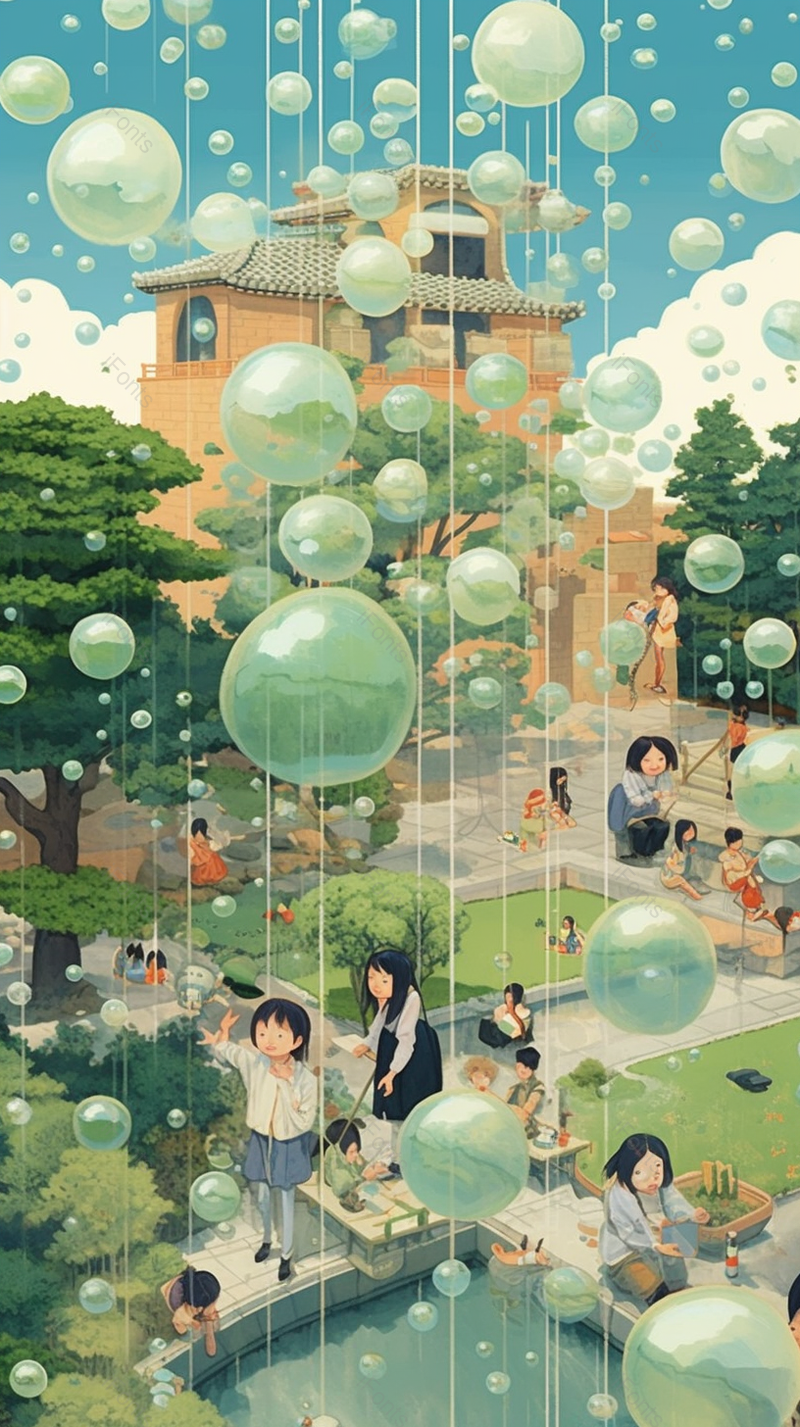 漫天泡泡绿色公园六一儿童节孩子们在嬉戏泡泡小清新插画背景,插画/手绘图,插画/手绘图库,插画/手绘图下载,插画/手绘